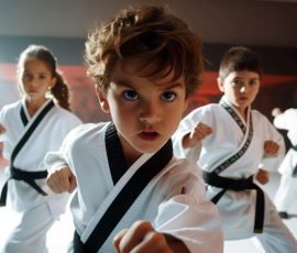 Young children in taekwondo class learning forms.