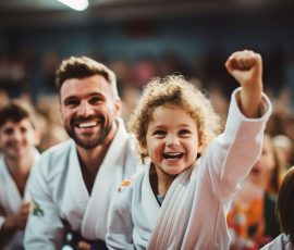 Digital photo of a child celebrating a victory in a judo competition together with the coach