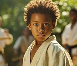 African-American boy in kimono poses in the foreground while kids practice karate outdoors.