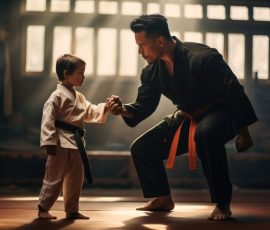 In a dojo, a father guides his sun through martial arts stances with focus and mutual respect, blurred background