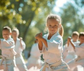 A group of young girls can be seen practicing karate moves in a park, displaying their martial arts skills and flexibility, Energetic children practising karate in the open air, AI Generated